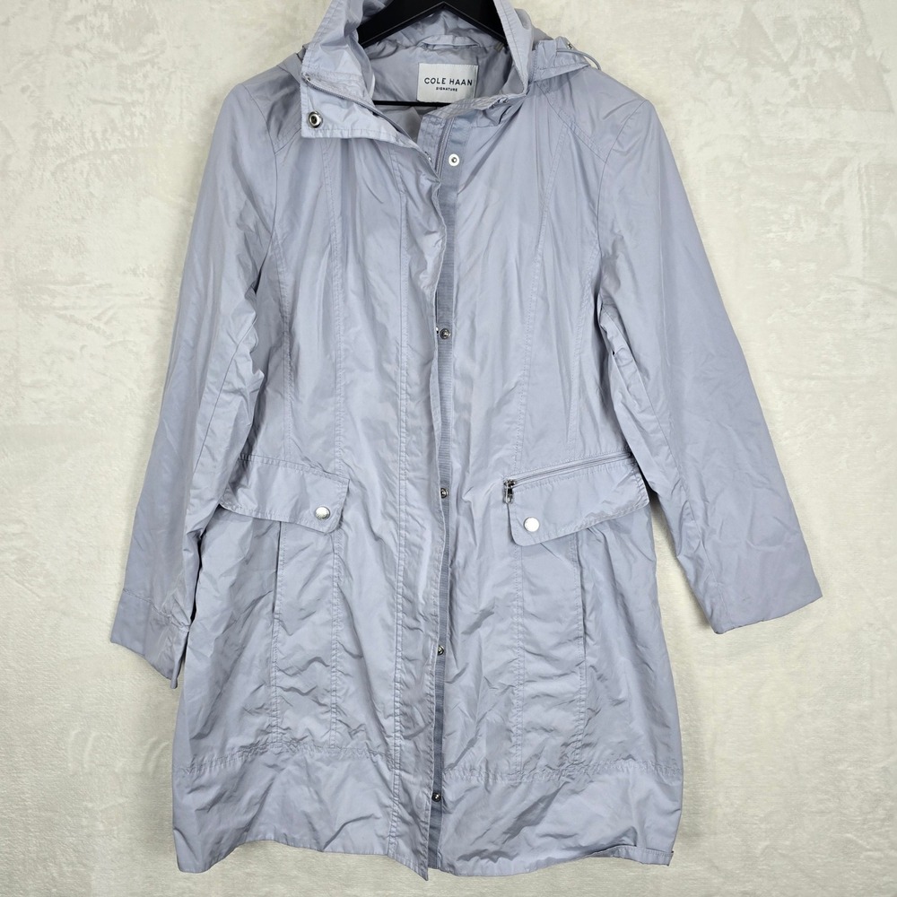 Cole Haan Womens Packable Rain Coat Jacket Removable Hood Grey Large L/G